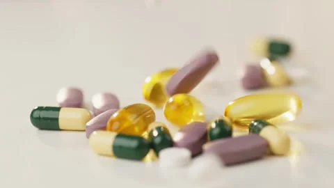 Slow motion video of pills falling on vitamins and each other. Video stock 278314592