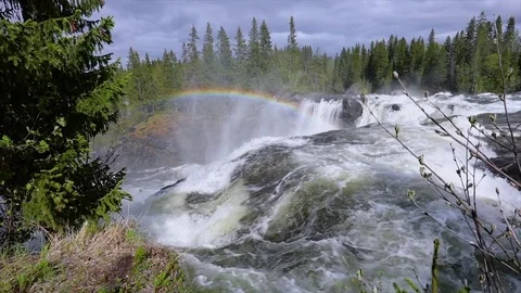 Slow motion video Ristafallet waterfall in the western part of Jamtland is li Stock Footage