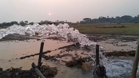 Slow motion video of a swallow pump releasing water to the field. Stock Footage 144768082