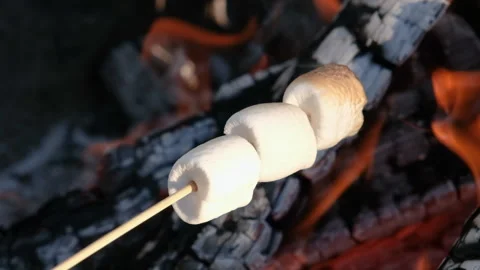 Slow motion video of a three marshmallows on a stick being roasted over a Stock Footage 276361454