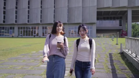 Slow-motion video of two Taiwanese female college students in their 20s walking Stock Footage 266955783