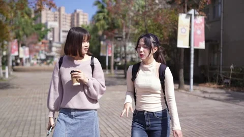 Slow-motion video of two Taiwanese female college students in their 20s walking Stock Footage 266957071