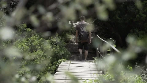 Slow-motion video of a young man with long hair crossing a wooden bridge in the Stock Footage 221735748