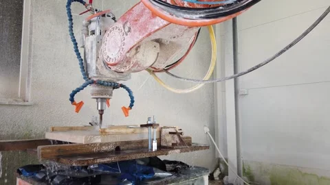 Slow motion view of 3D robotic milling cell sculpting stone Stock Footage 329216185