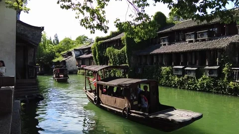 Slow motion view of Ancient water town of Wuzhen, China Stock Footage 276635327