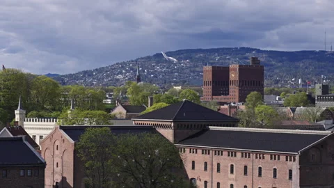 Slow Motion View of Central Oslo with Historic and Modern Architecture Mix Stock Footage 309423457