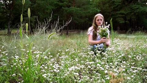 Slow motion view on dreamy young florist woman ripping field dandelions to Stock Footage 104418306