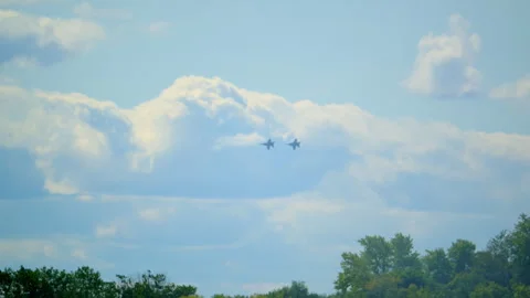 Slow motion view of formation of two F 18 fighter jets at sunny bright sky Stock-Footage 318366188