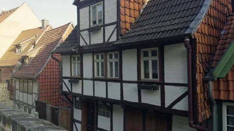 Slow Motion View of Half-Timbered Houses in Quedlinburg, Germany Stock Footage 311952314
