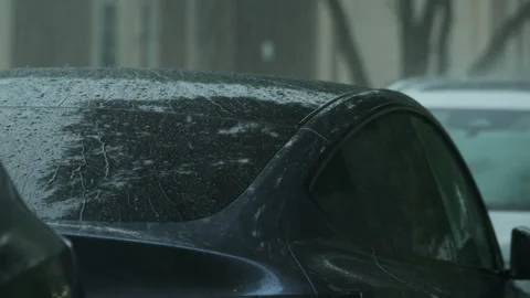 Slow motion view of Heavy rain falling on black parked car in suburban Vidéo 345480761