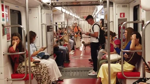 Slow Motion View Passengers Inside Subway Wagon Milan Metro Italy 스톡 동영상 346600372
