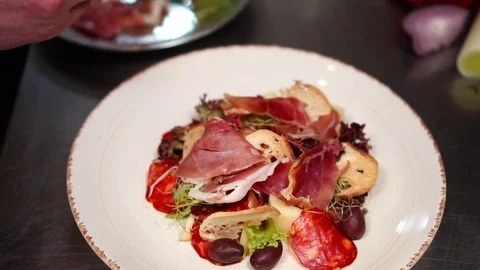 Slow motion view on perfect arrangement of bacon prosciutto healthy vegetable Stock Footage 106977525