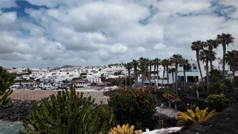 Slow motion view of Puerto del Carmen coast, Lanzarote, Canary Islands Stock Footage 346376467