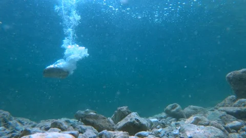 Slow motion view of rock falling in shallow lake water. Static underwater shot Stock Footage
