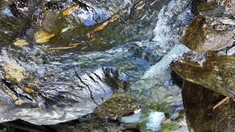 Slow motion view of a rushing mountain river flowing through rocks Stock Footage 344890141