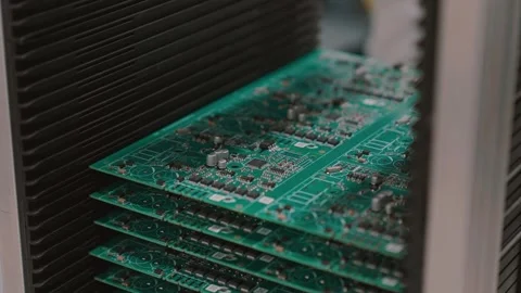 Slow-Motion View of Stacked Circuit Boards in Tech Factory Environment Stock Footage 316574474