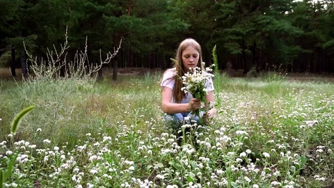 Slow motion view on tender young woman collecting wild field flowers dandelions Stock Footage 104417965