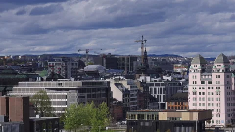 Slow Motion View Toward Central Oslo with Historic and Modern Architecture Stock Footage 309423497
