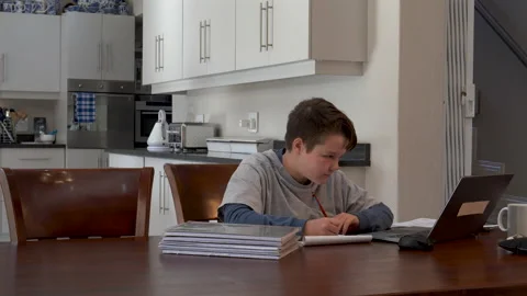 Slow motion view of a young school boy busy with home schooling,Covid-19 Stock Footage 131368101