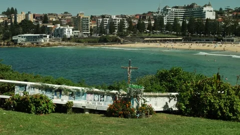 Slow motion Virgin Mary and cross next to Coogee beach in Sydney 4K Stock Footage 272701461