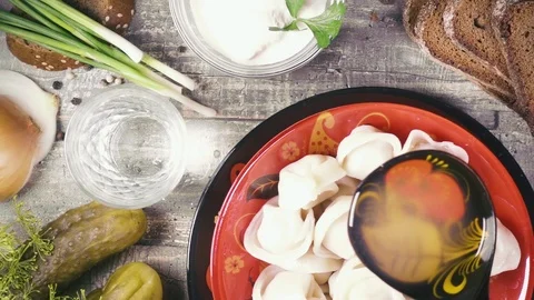 Slow motion vodka and snack according to Russian traditions top view Stock Footage 93131614