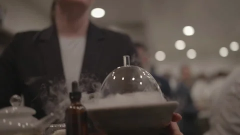 Slow motion waitress carrying dish facing camera Stock Footage 336366692