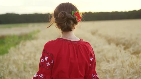 Slow-motion. Walking behind beauty girl in wheat field. Stopping and letting her Stock Footage 205889426