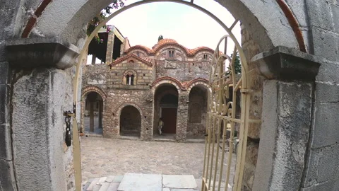 Slow motion walking in byzantine medieval fortified despotate of Mystras on 스톡 동영상 143939647