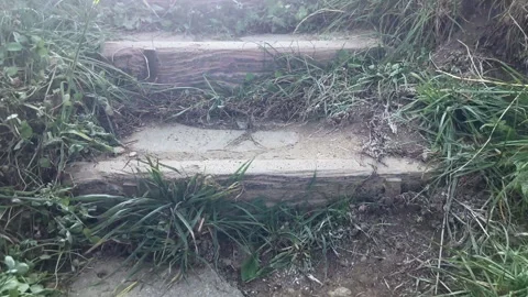 Slow motion walking up old outdoor stone steps surrounded by grass and soil Vídeos de archivo 331144531
