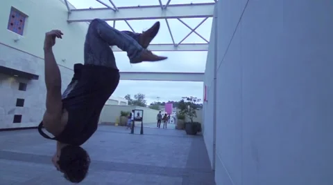 Slow Motion Wall Back Flip in Shopping Mall Stock Footage 52662499