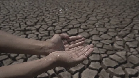 Slow motion water droplet falling in hand on cracked earth land background Video stock 124865962