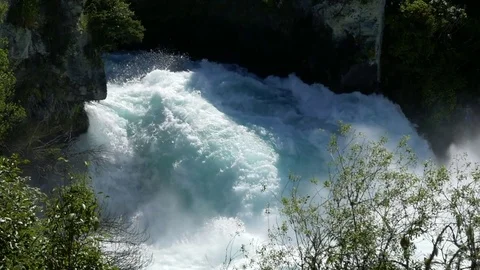 Slow motion waterfall, bright blue water of Waikato river Huka falls New Zealand Stock Footage 80716529