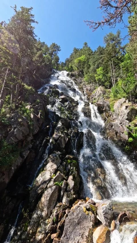 Slow motion waterfall cascade in sunny forest Stock Footage 315661476