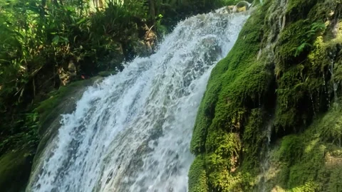 Slow motion of a waterfall flowing with mossy cliffs Stock Footage 321861275
