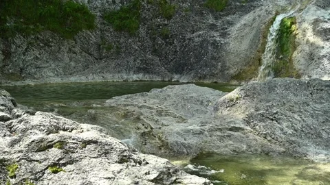Slow motion of a waterfall flushing into a natural pool Stock-Footage 211743196