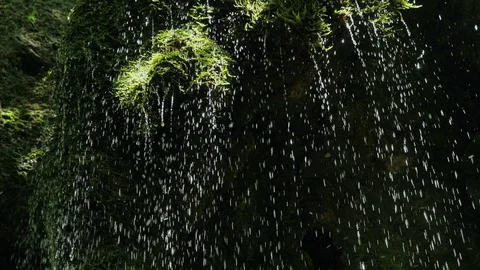 SLOW motion, waterfall in mountains. Closeup water drops falls splashing on moss Stock-Footage 92585419