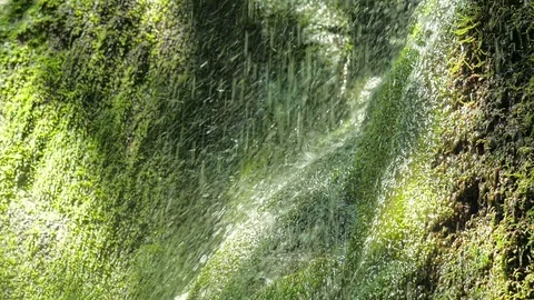 SLOW motion, waterfall in mountains. Closeup water drops falls splashing on moss Stock Footage 92658319