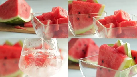 Slow motion, watermelon slices, white background, close-up, collage, montage Stock Footage 154628697
