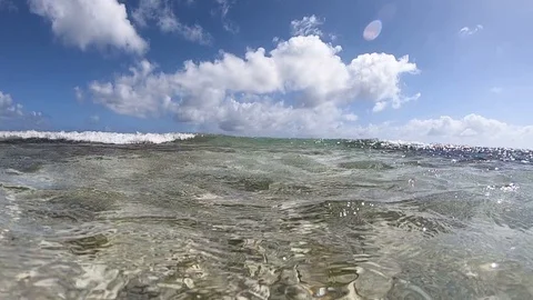 Slow motion of a wave on the Caribbean reef with partially underwater shot. Stock Footage