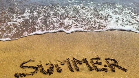 Slow motion wave erasing summer text on beach sand Video stock 335758173
