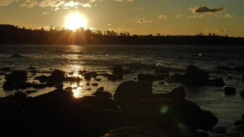 Slow motion waves and rocks after sunset pan 4K Video stock 254800793