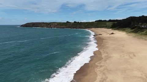 Slow motion waves breaking deserted Naturist Beach Chevrets France aerial Stock Footage 342291066