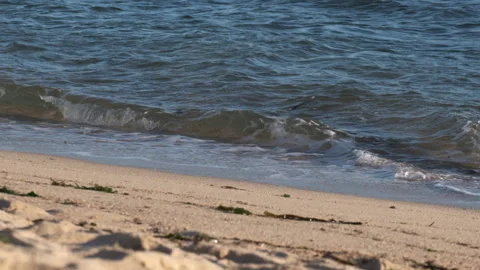 Slow motion waves breaking on the sandy beach in summer Stock Footage 135202871