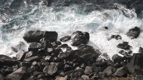 Slow Motion of Waves Crash Against Black Volcanic Rocks, Terceira Azores Stock Footage 89048688