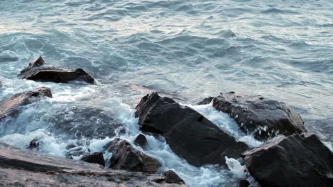  Slow Motion Waves Hit the Rocks Stock Footage 167539266