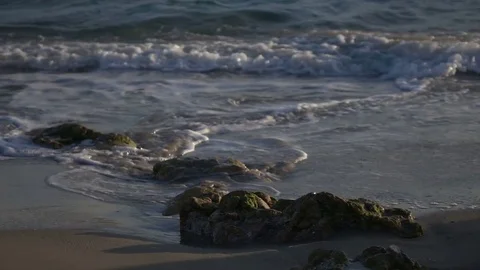 Slow Motion Waves Retreating From Sole Rock on Beach at Dusk Stock Footage 78211270