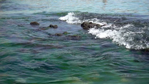 Slow motion of the waves rush into the stone reef at sea coast. Stock Footage 92400624