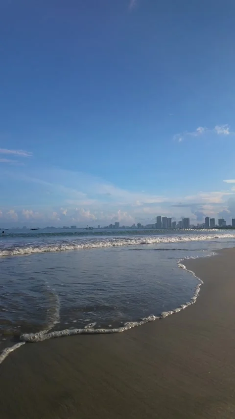 Slow Motion Waves Washing Ashore at My Khe Beach, Da Nang Stock Footage 347935977