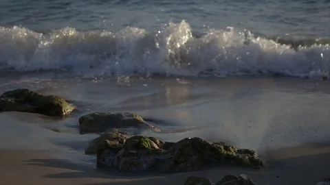 Slow Motion Waves Washing Up Beach on Mediterranean Coast Stock Footage 78211288
