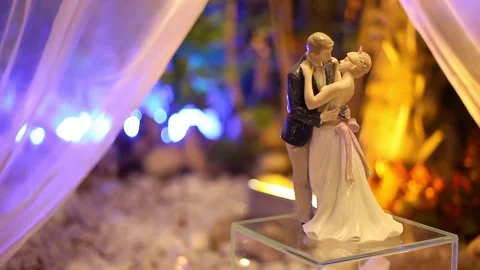 Slow motion wedding cake topper figurine under romantic lights Stock Footage 294364905